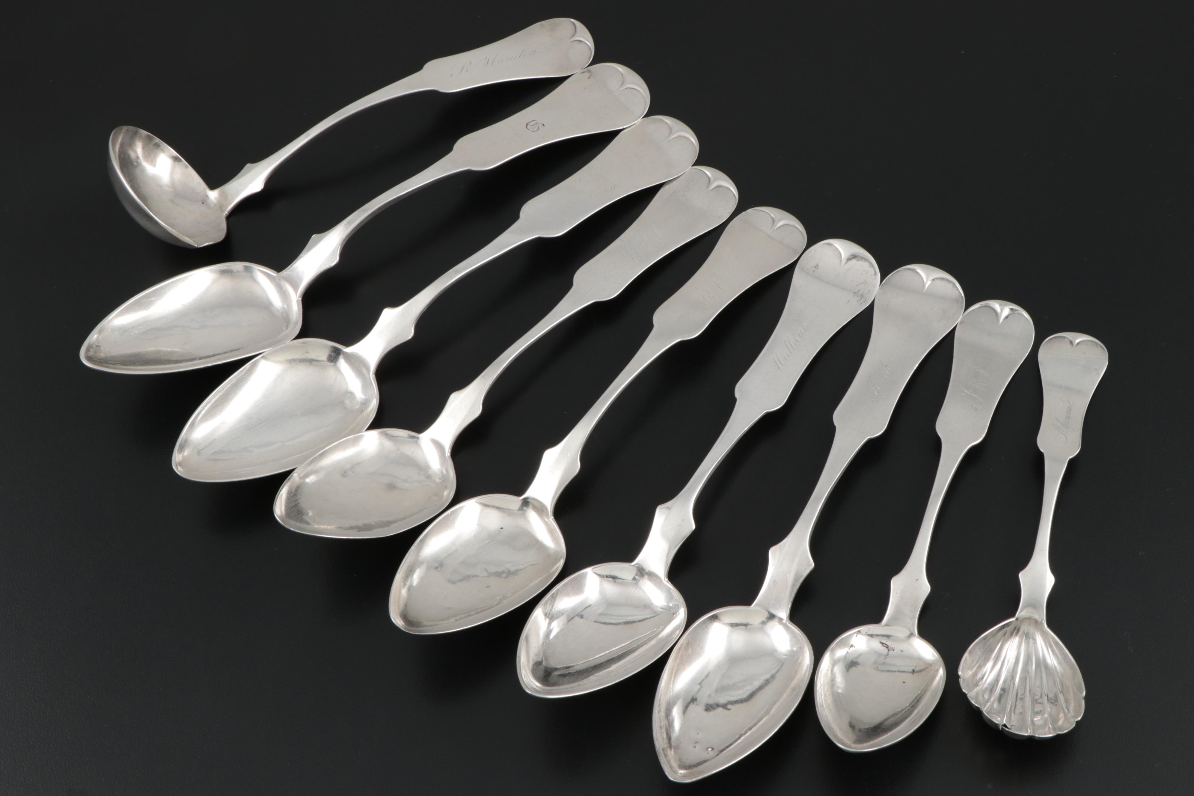E. & D. Kinsey Fiddle Handle Coin Silver Spoons, Mid-19th Century