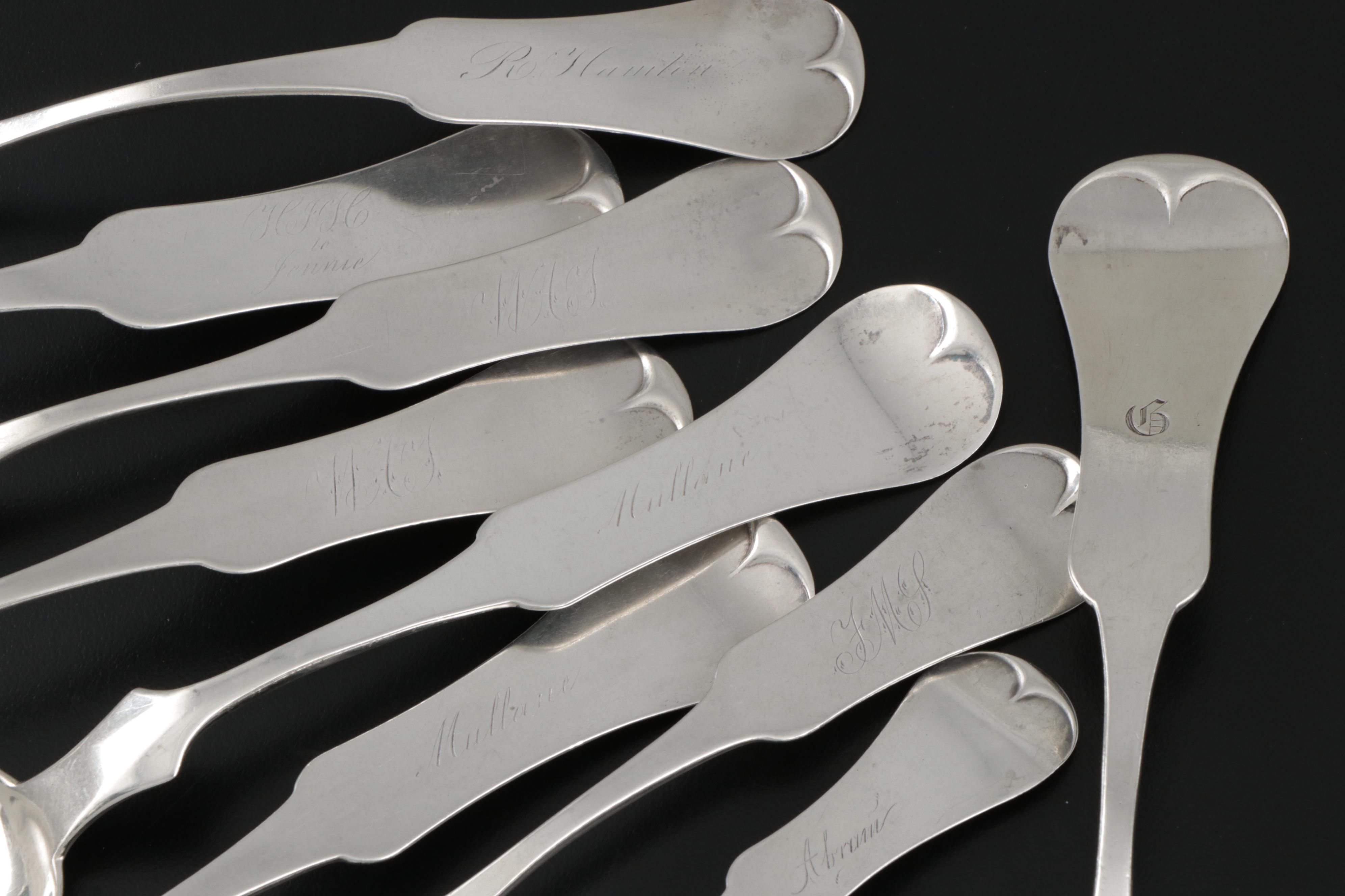 E. & D. Kinsey Fiddle Handle Coin Silver Spoons, Mid-19th Century