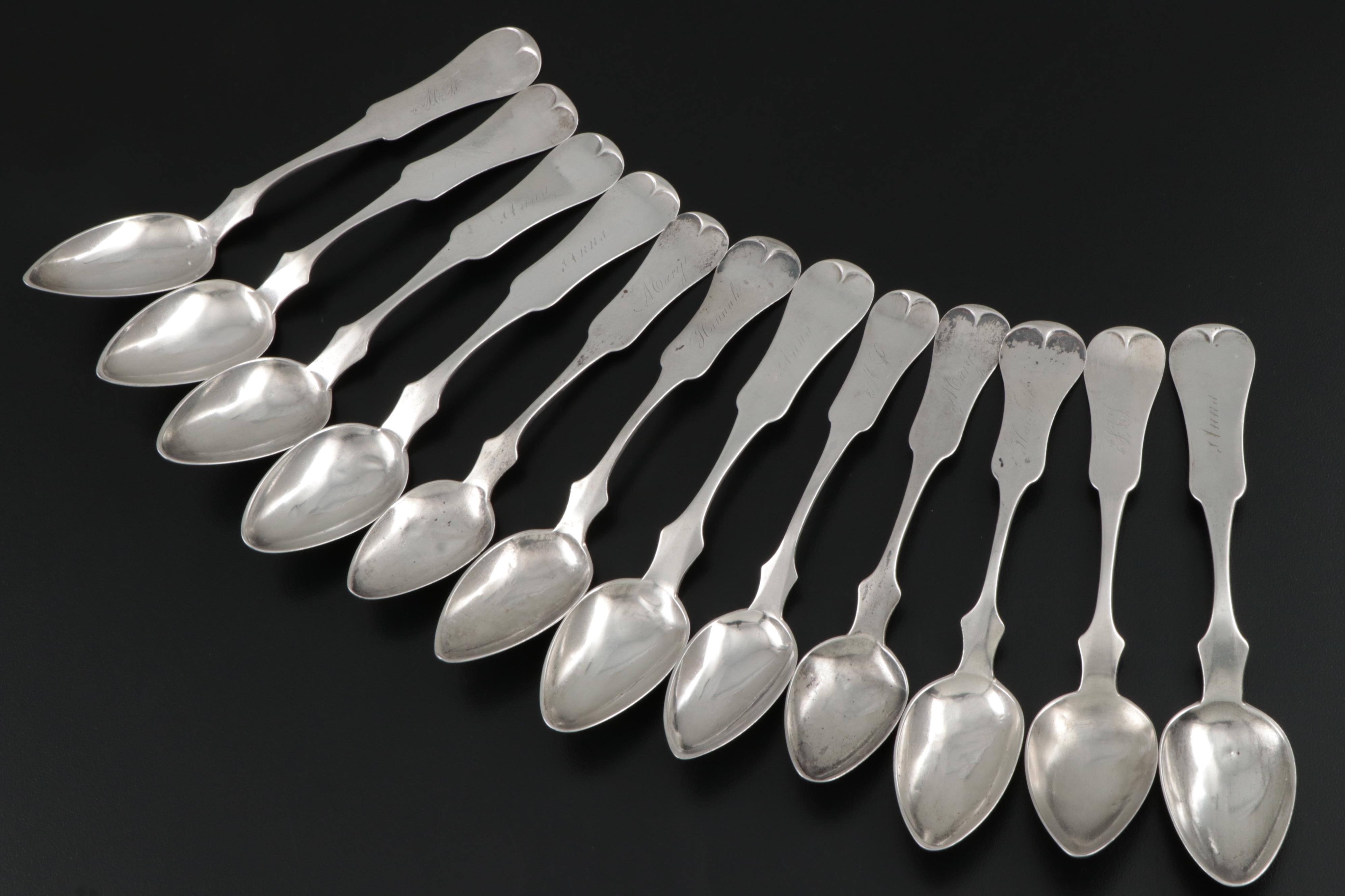E. & D. Kinsey Fiddle Handle Coin Silver Spoons, Mid-19th Century