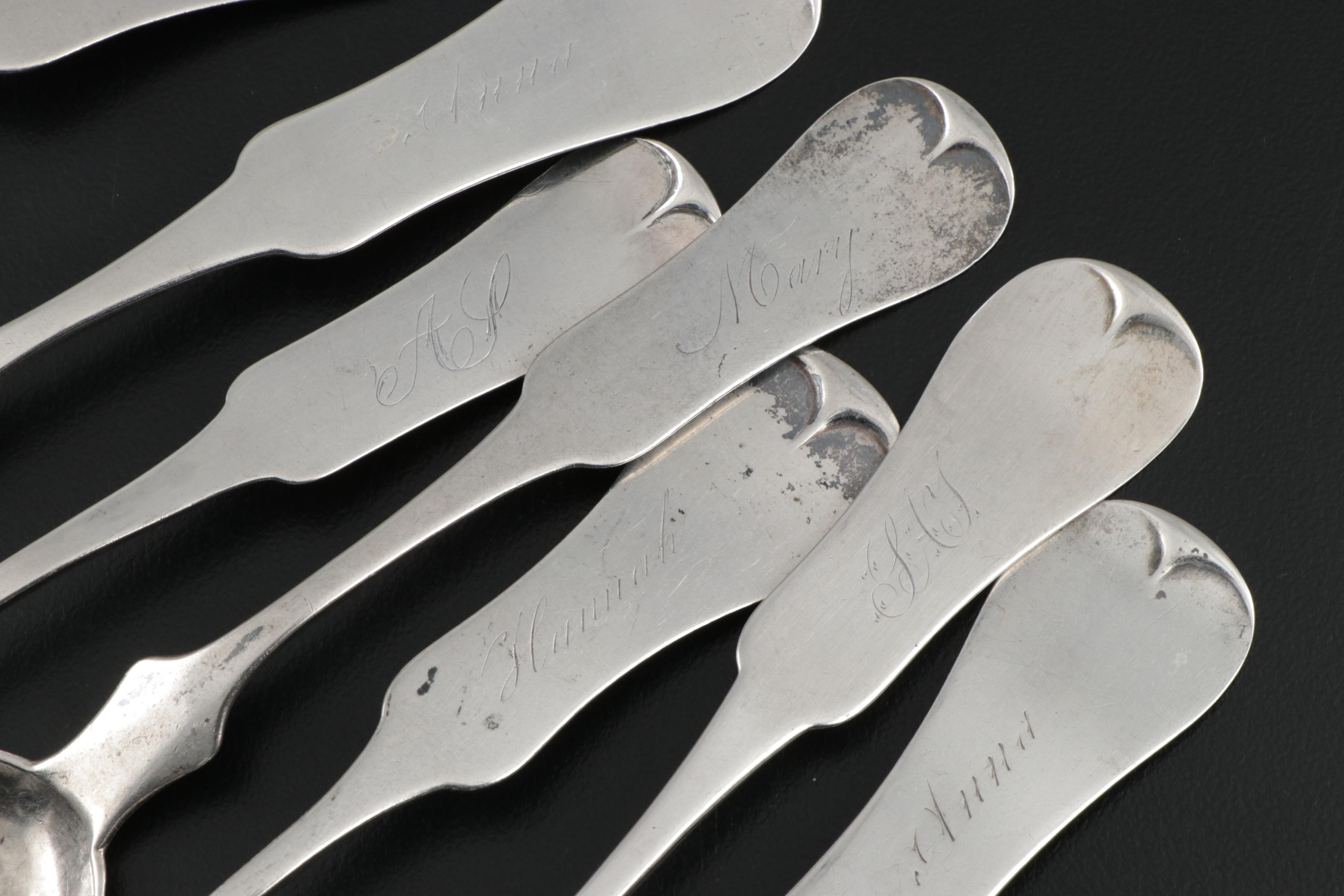 E. & D. Kinsey Fiddle Handle Coin Silver Spoons, Mid-19th Century