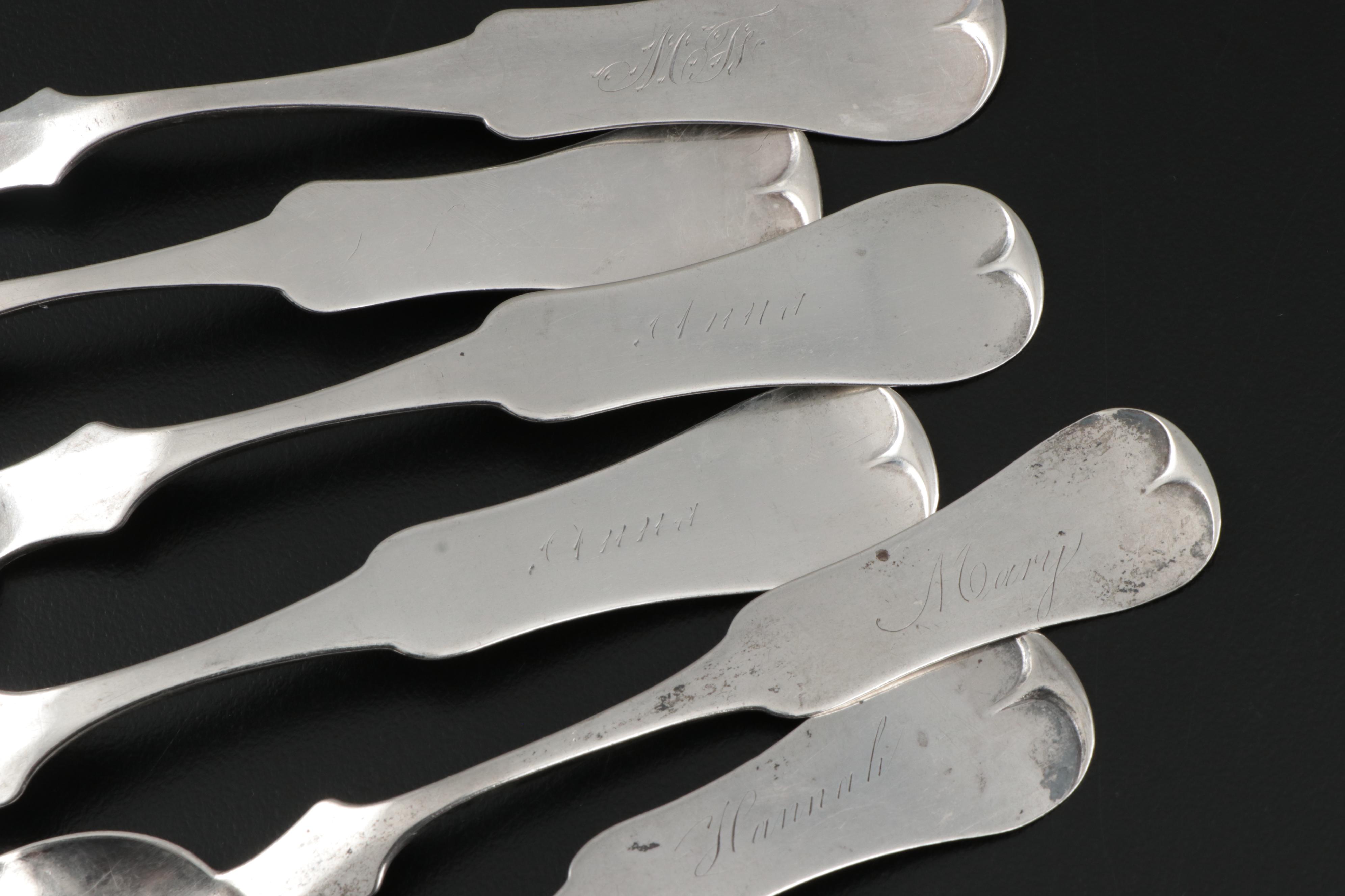 E. & D. Kinsey Fiddle Handle Coin Silver Spoons, Mid-19th Century