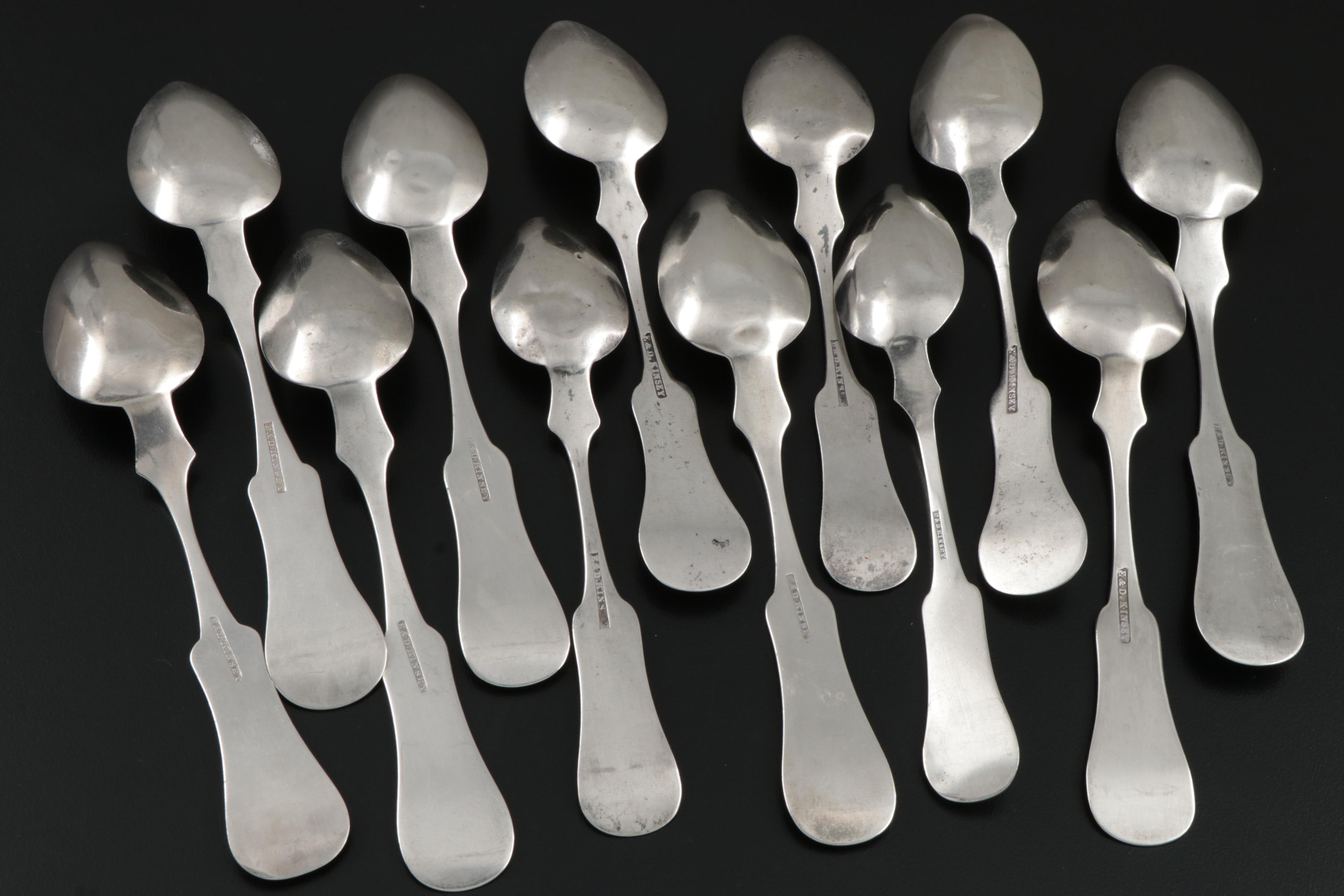 E. & D. Kinsey Fiddle Handle Coin Silver Spoons, Mid-19th Century