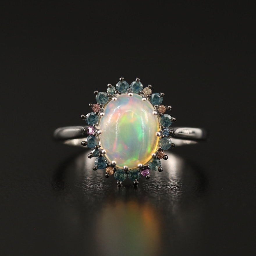 Sterling Silver Opal, Sapphire and Garnet Halo Ring