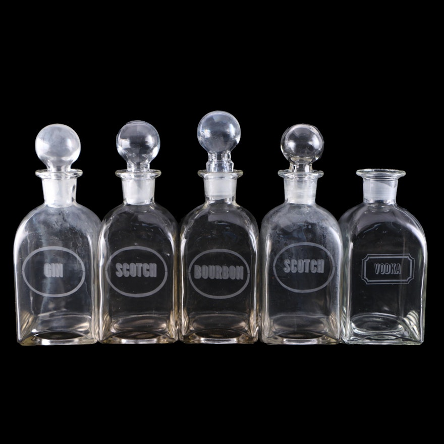 Liquor Decanters with Etched Labels Including Bourbon, Scotch, Gin and Vodka