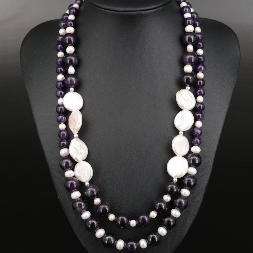 Pearl and Beaded Amethyst Necklaces with Sterling Silver Clasps
