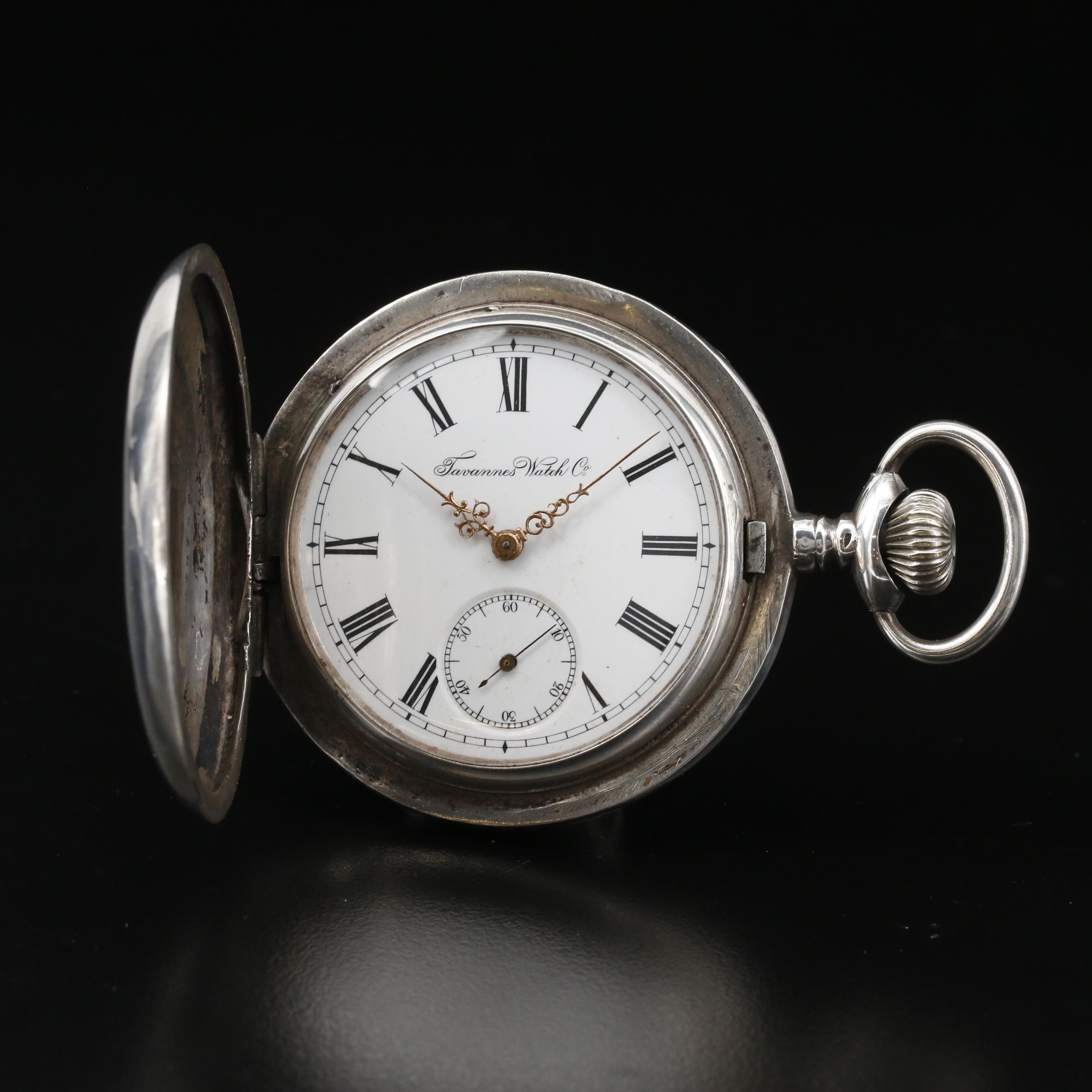 Antique Tavannes 875 Silver Hunter Case Pocket Watch