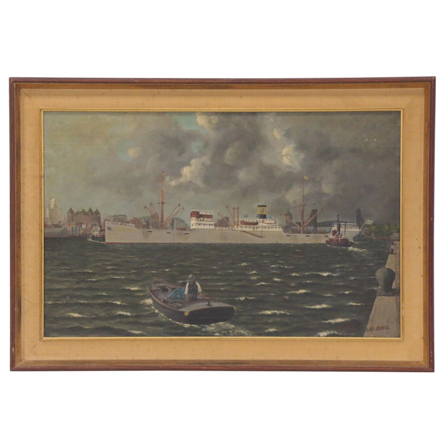 Albany Harbor Scene Oil Painting, 1948