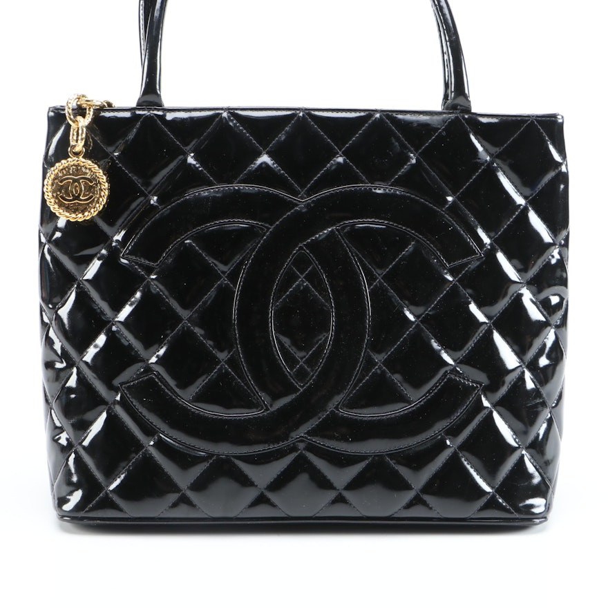 Chanel CC Logo Quilted Black Patent Leather Tote Bag
