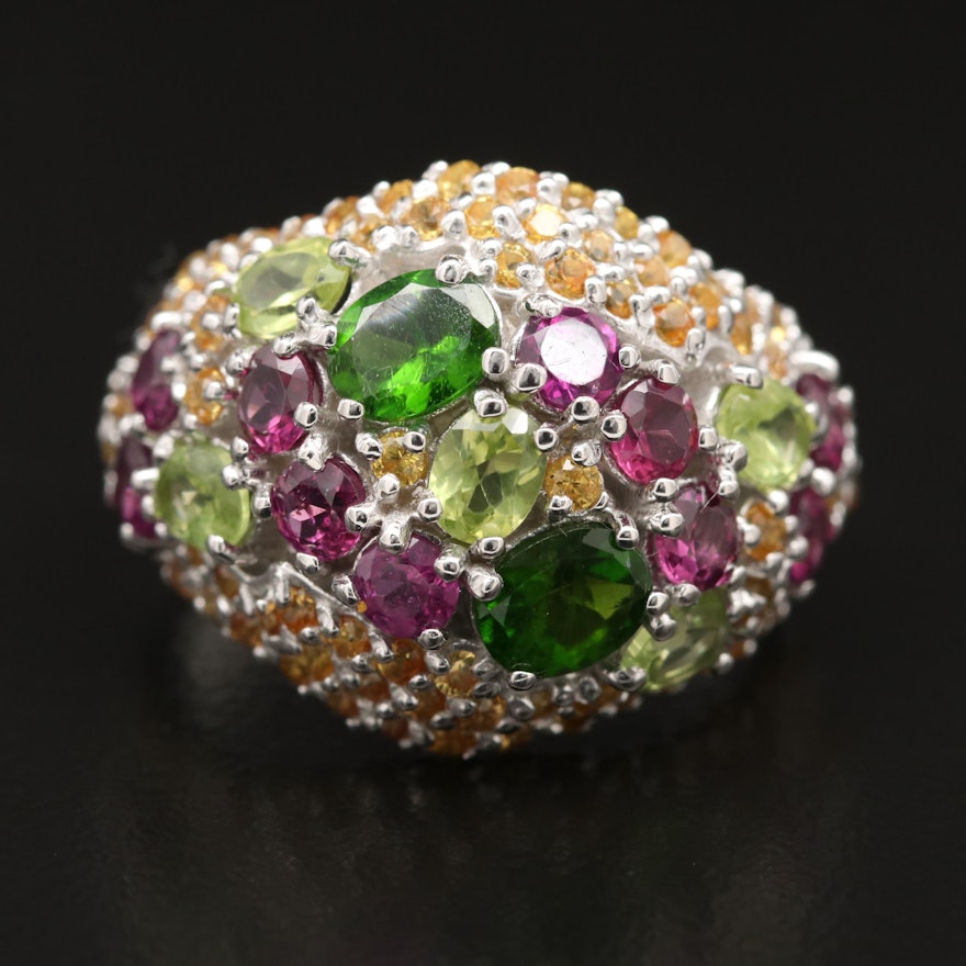 Sterling Silver Diopside, Rhodolite Garnet and Sapphire Domed Cluster Ring