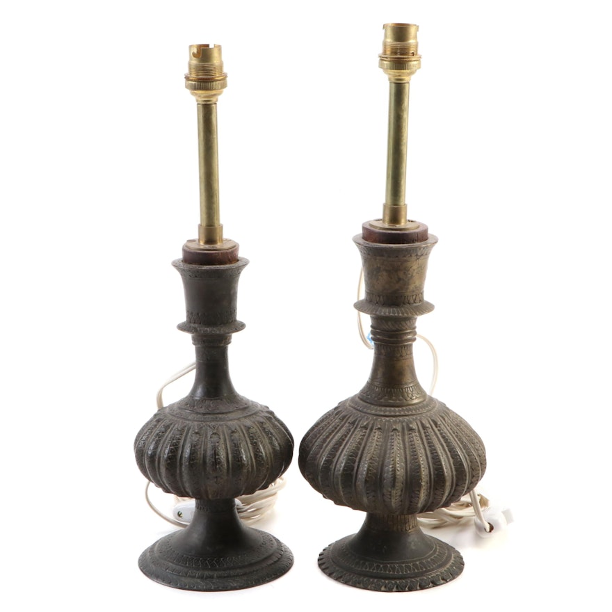 Indian Embossed Metal Vases Converted to Lamps