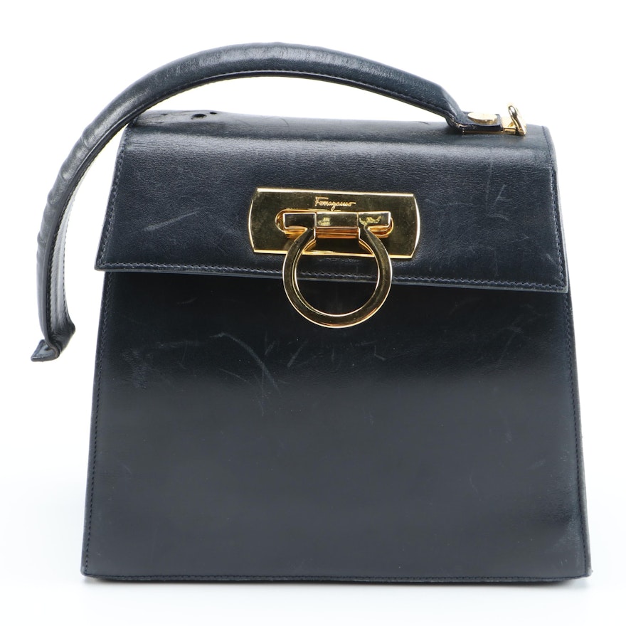 Salvatore Ferragamo Gancini Small Top Handle Bag in Navy Blue Leather