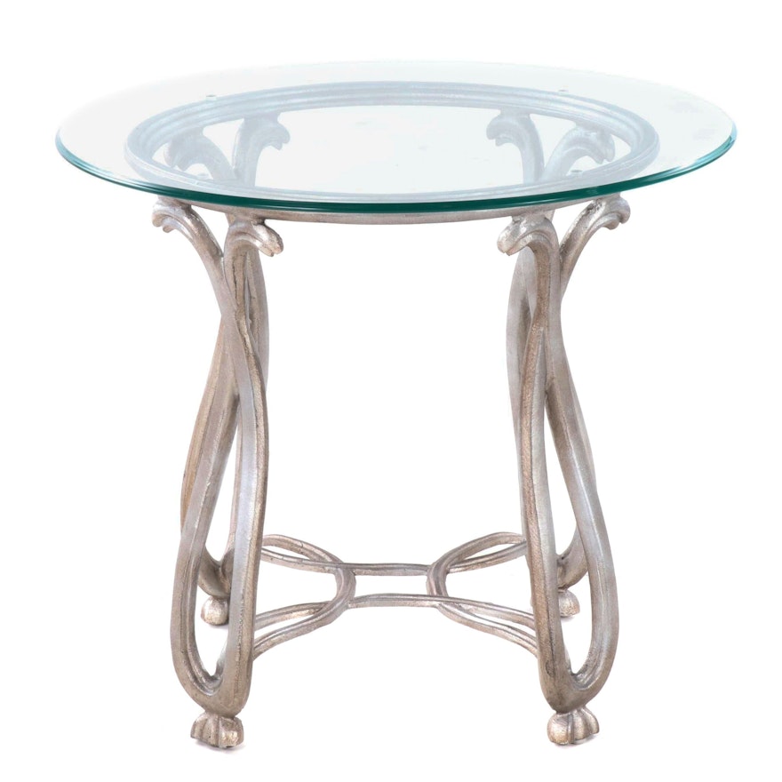 Contemporary Glass Top Scrolled Metal Side Table