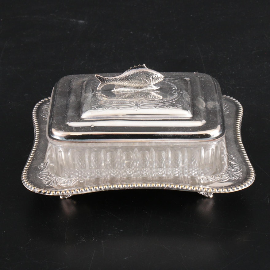 Victorian Silver Plate Sardine Dish with Glass Liner, Antique