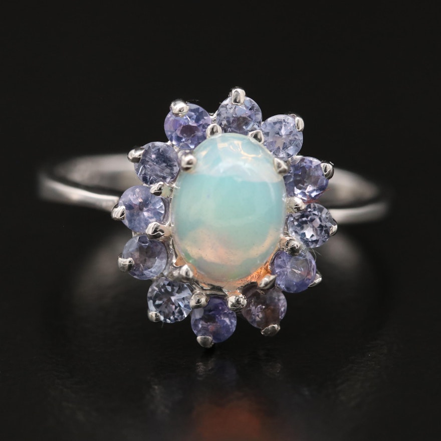 Sterling Opal and Tanzanite Halo Ring