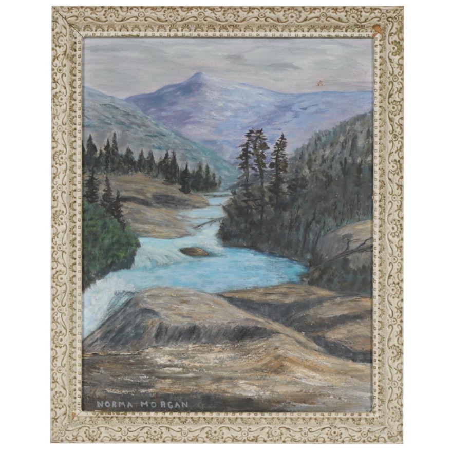 Norma Morgan Oil Painting of Mountain River Rapids, Mid to Late 20th Century