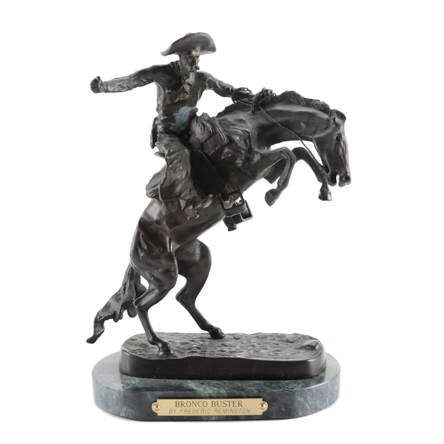 Reproduction Patinated Metal Sculpture After Frederic Remington "Bronco Buster"