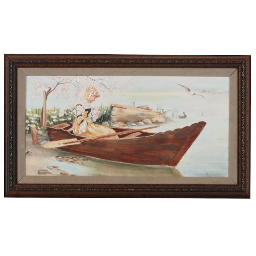 Porcelain Painting of a Girl in a Boat, 20th Century
