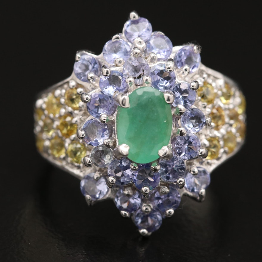 Sterling Emerald, Tanzanite and Sapphire Cluster Ring