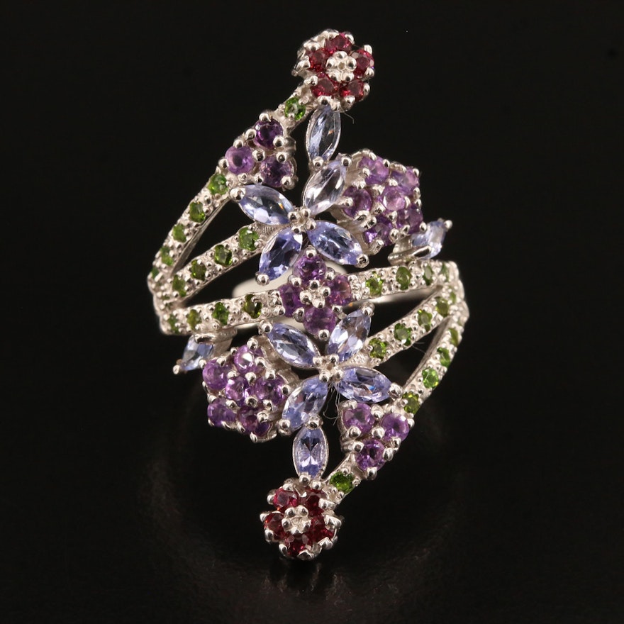 Sterling Silver Amethyst, Tanzanite, Diopside and Garnet Floral Motif Ring