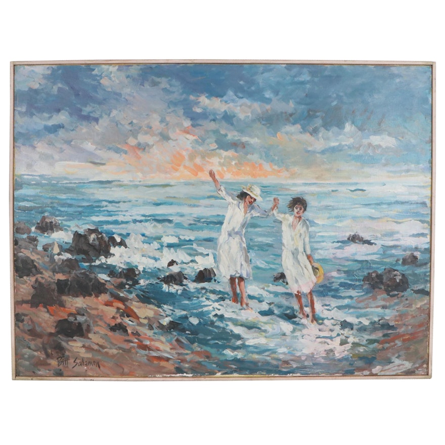 Bill Salamon Coastal Landscape with Figures Oil Painting, 20th Century
