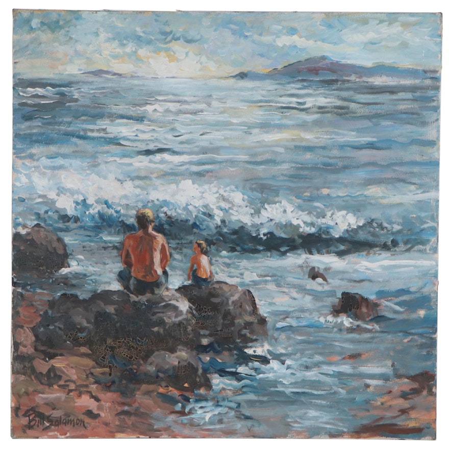 Bill Salamon Coastal Landscape with Figures Oil Painting, Late 20th Century