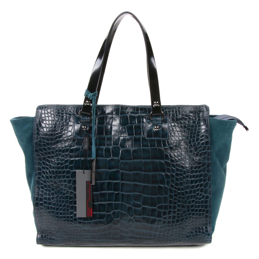 Innue Tote Bag in Crocodile Embossed Blue Suede and Leather
