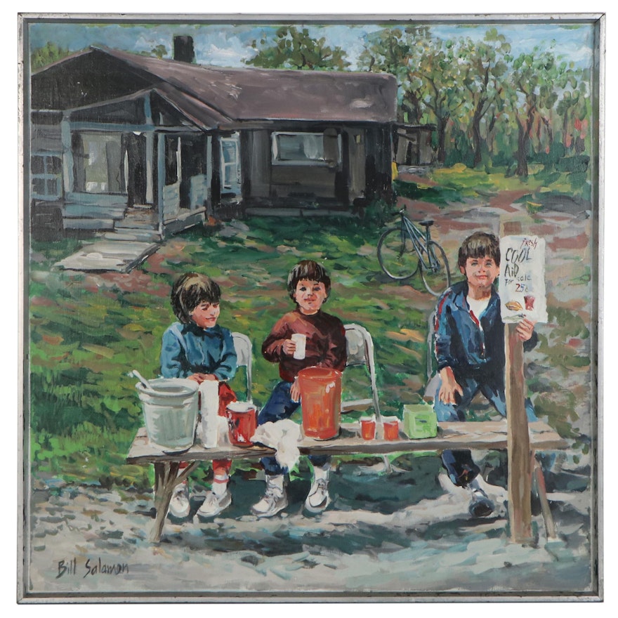 Bill Salamon Oil Painting of Children Selling Drinks, Late 20th Century