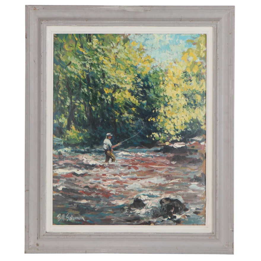 Bill Salamon Oil Painting of Fisherman in River Landscape, Late 20th Century