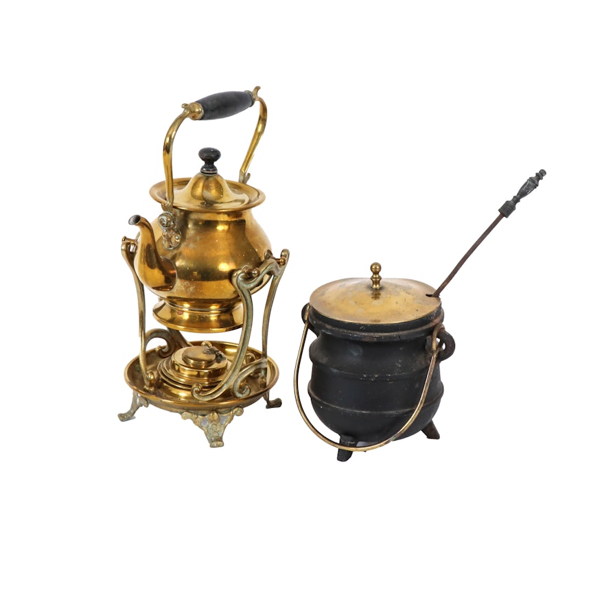 Brass Teapot with Warmer and Cast Iron Fire Starter Kettle, Early 20th Century