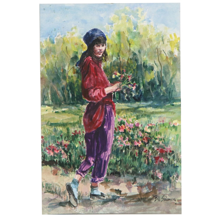 Bill Salamon Watercolor Painting of Girl with Wildflowers, Late 20th Century