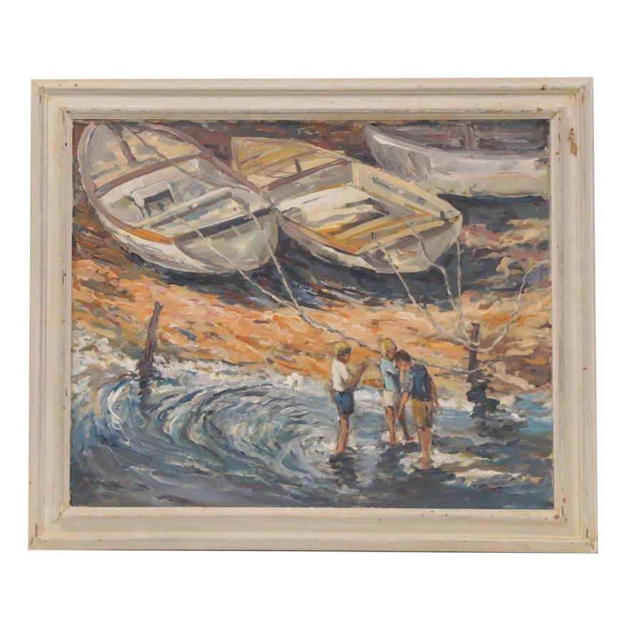 Bill Salamon Acrylic Painting of Row Boats on Shore, Late 20th Century