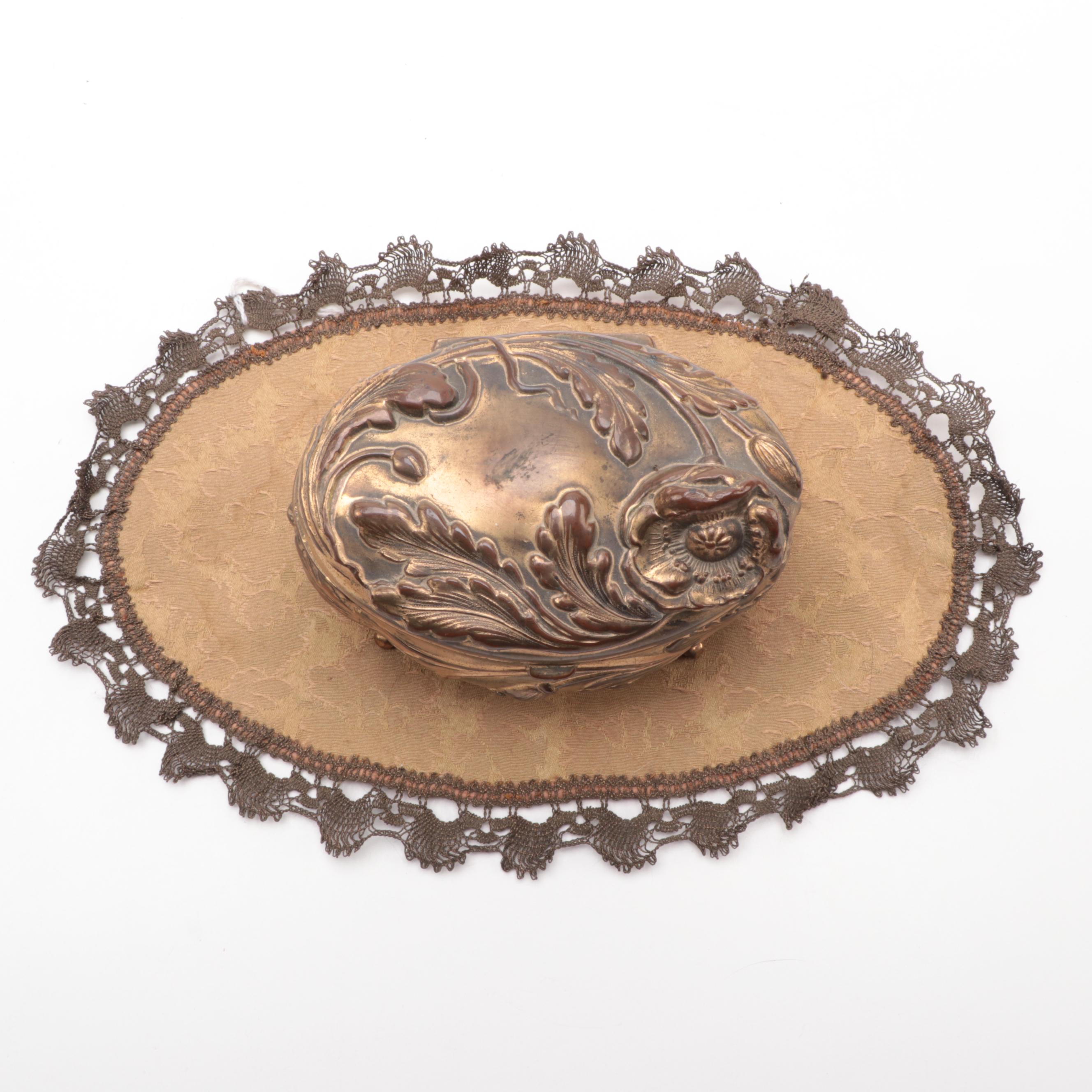 Benedict Art Nouveau Gilt Jewelry Casket and Lace Doily, Late 19th-Early 20th C.
