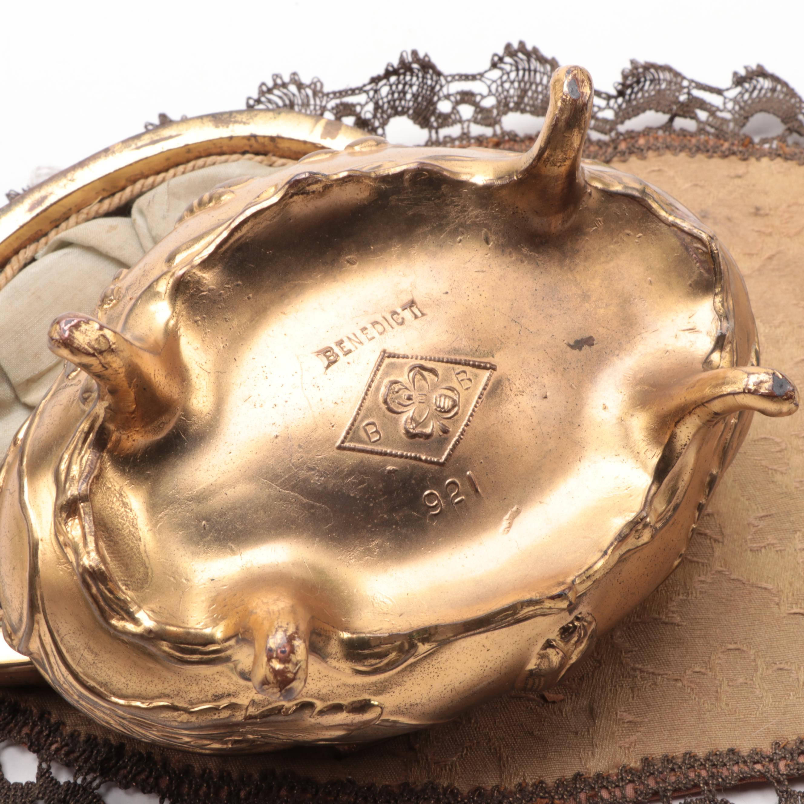 Benedict Art Nouveau Gilt Jewelry Casket and Lace Doily, Late 19th-Early 20th C.