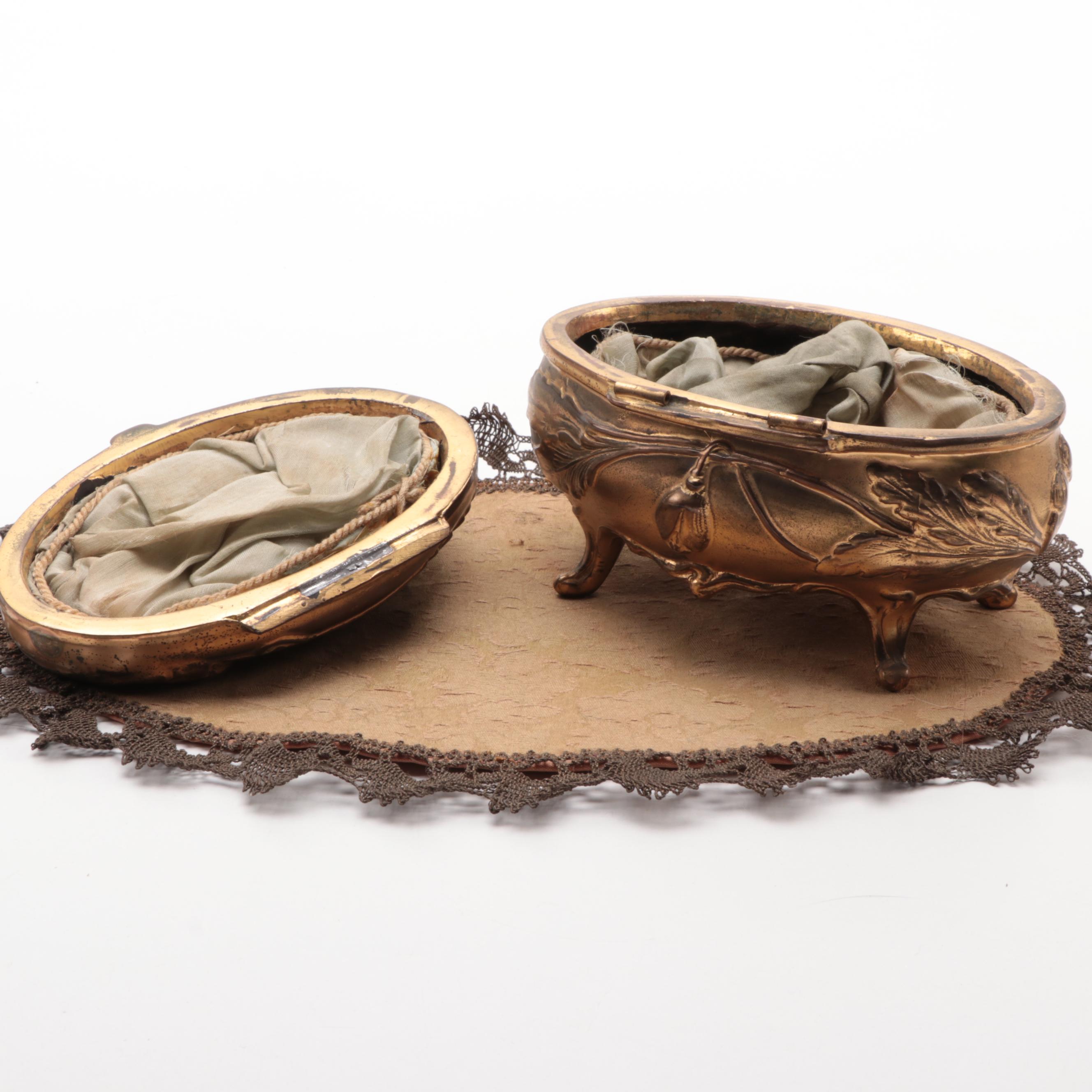Benedict Art Nouveau Gilt Jewelry Casket and Lace Doily, Late 19th-Early 20th C.