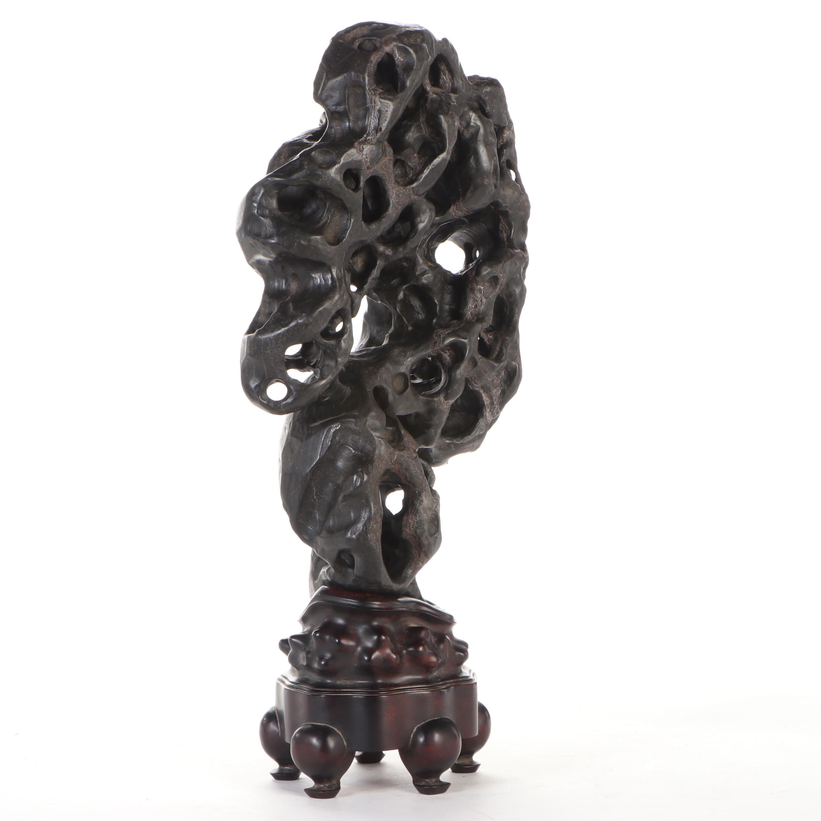 Inscribed Gongshi Scholar's Stone Sculpture with Lacquered Wood Stand