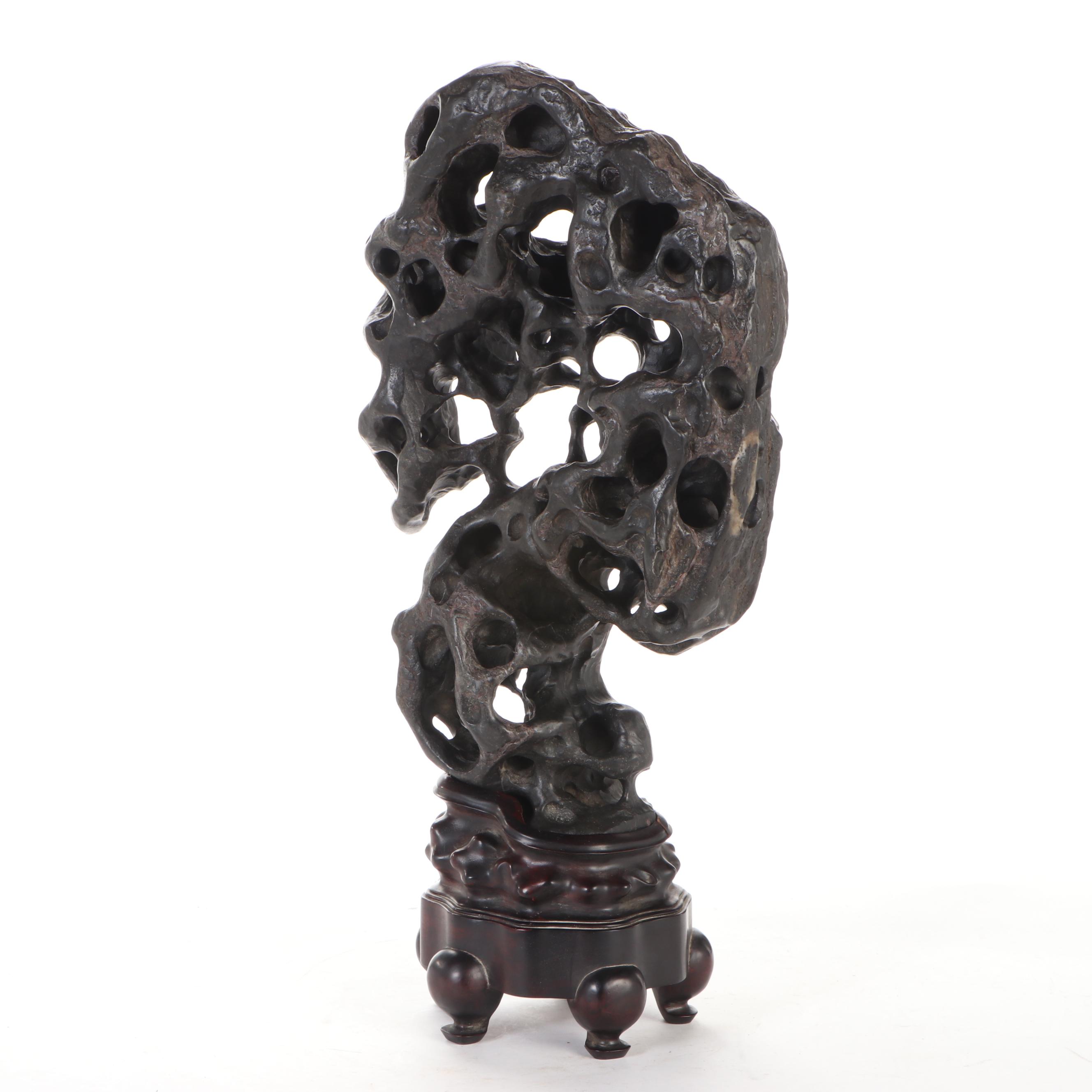 Inscribed Gongshi Scholar's Stone Sculpture with Lacquered Wood Stand