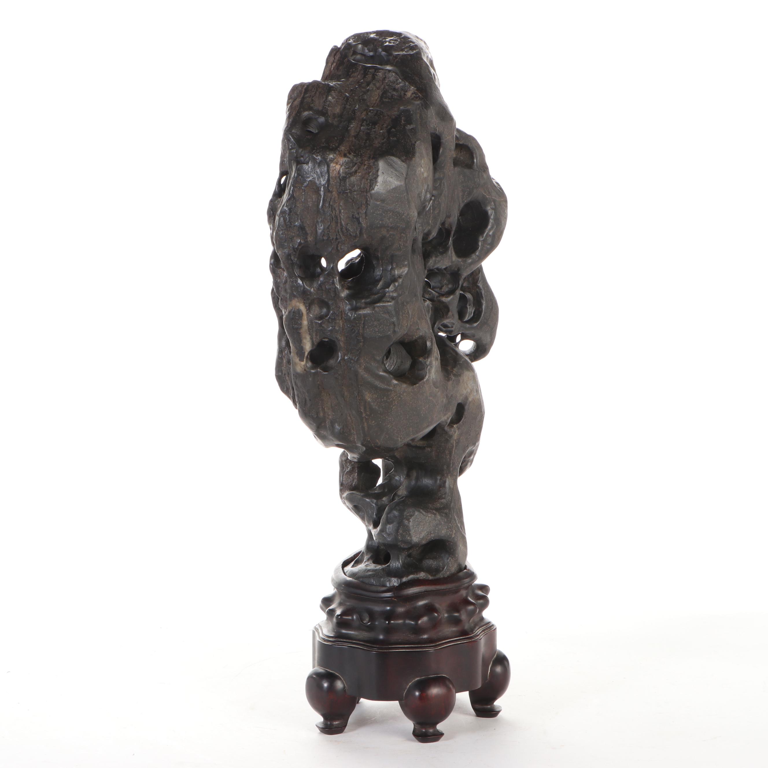 Inscribed Gongshi Scholar's Stone Sculpture with Lacquered Wood Stand