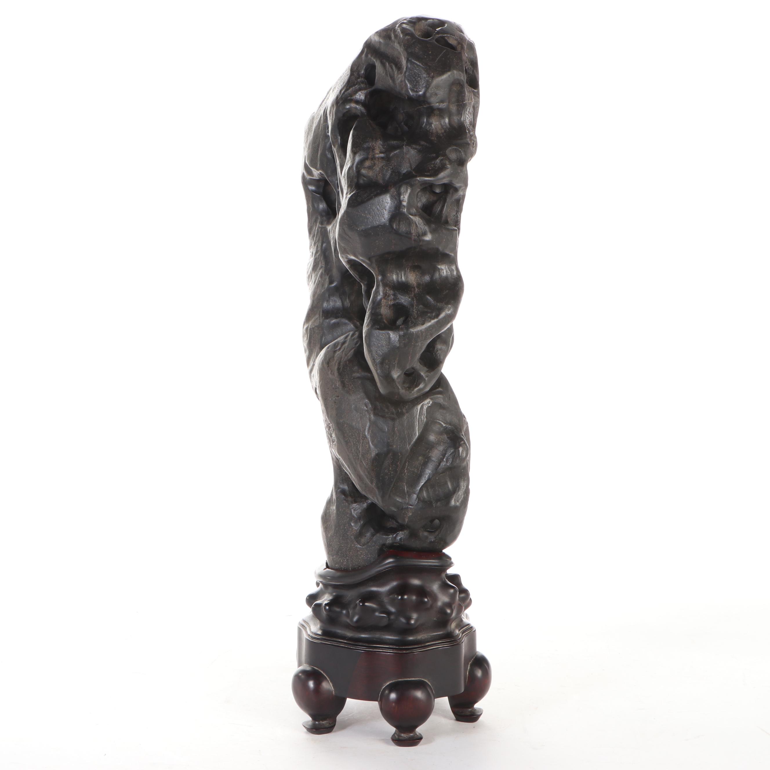 Inscribed Gongshi Scholar's Stone Sculpture with Lacquered Wood Stand
