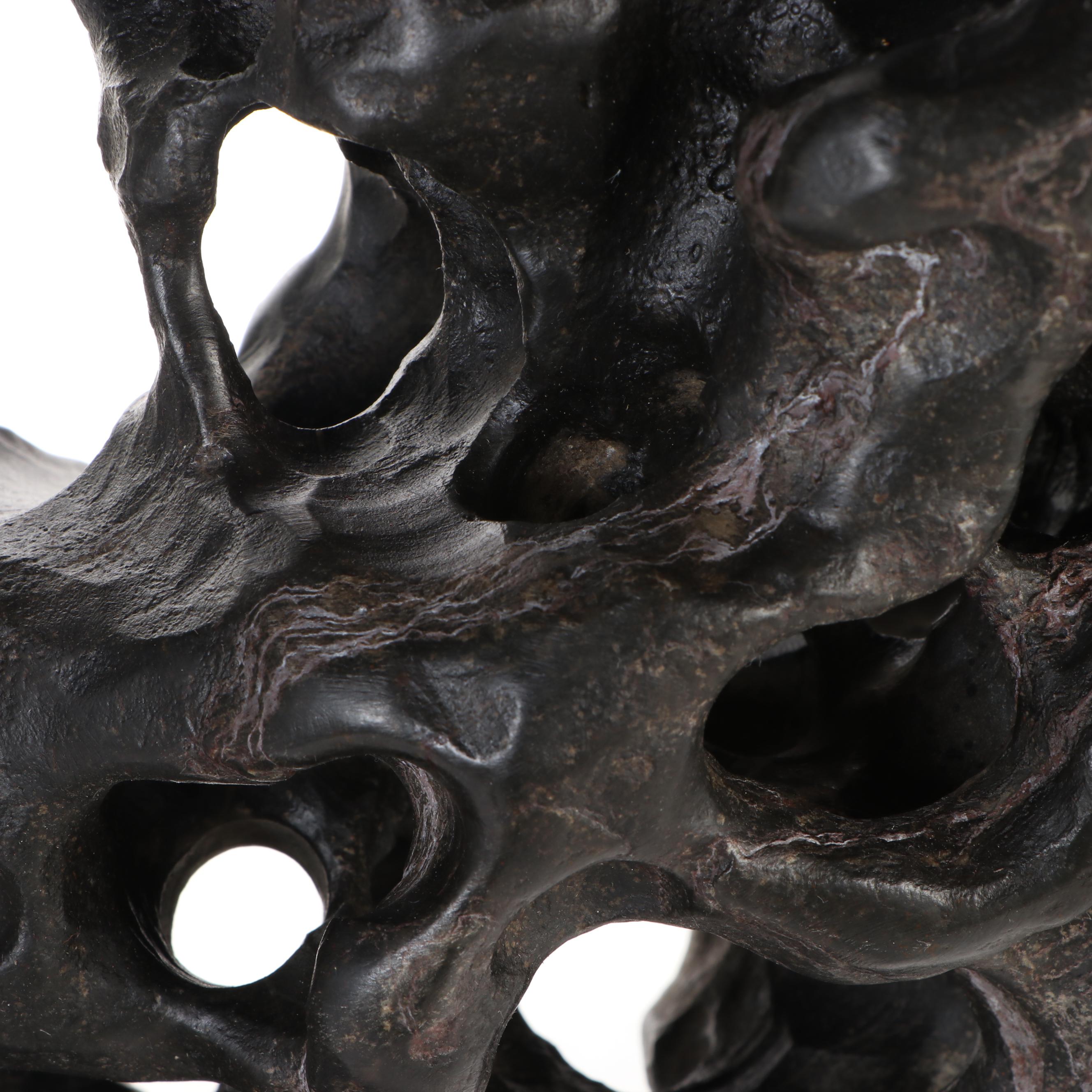 Inscribed Gongshi Scholar's Stone Sculpture with Lacquered Wood Stand