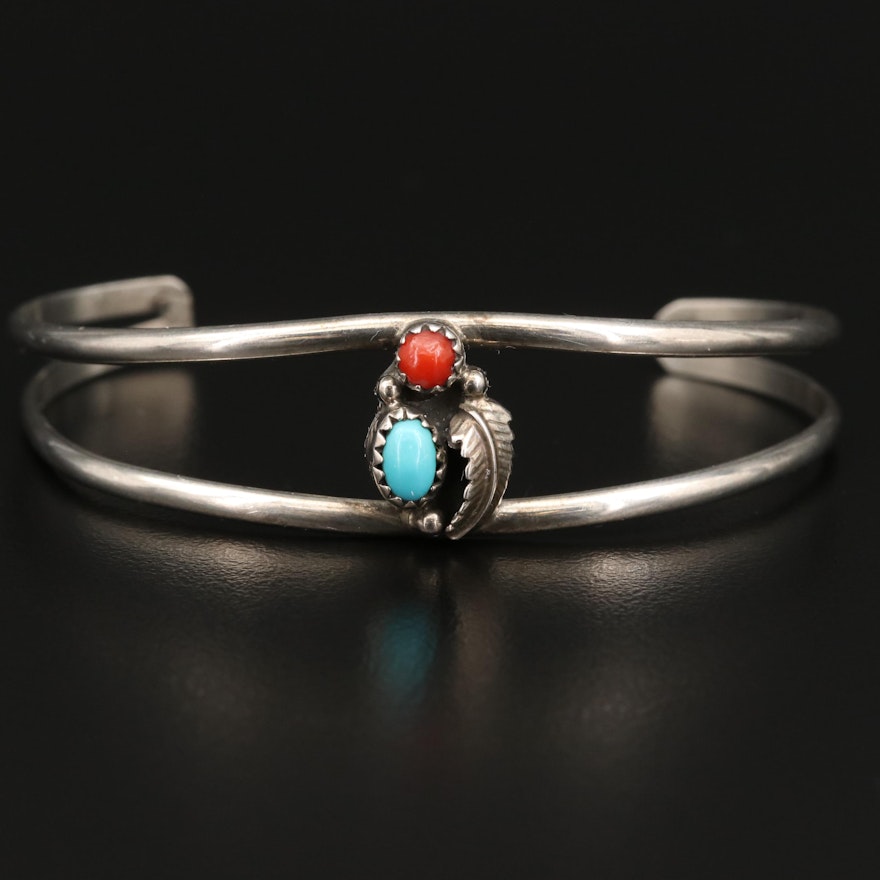 Western Sterling Turquoise and Coral Feather Motif Bracelet