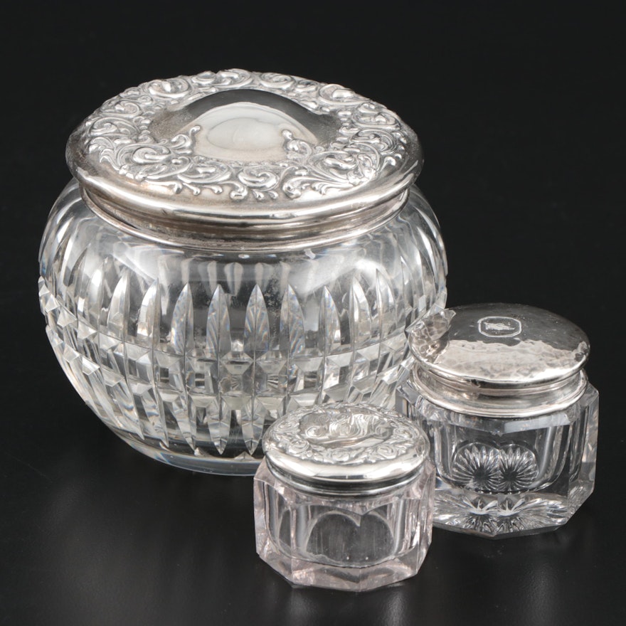 Sterling Silver and Glass Powder Jar and Pill Boxes Including Wallace