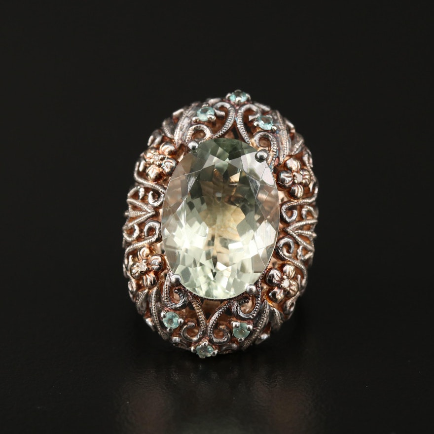 Sterling Silver Prasiolite Openwork Ring with 14K Accents