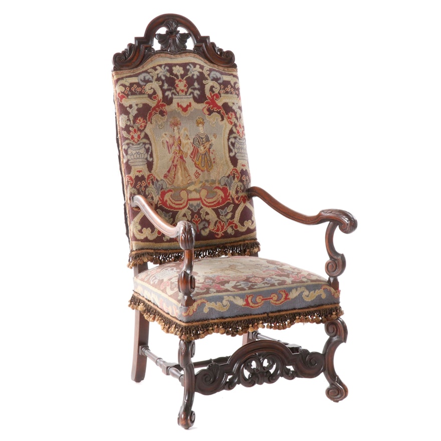 Jacobean Style Armchair with Hand Stitched Needlepoint Back and Seat, Antique