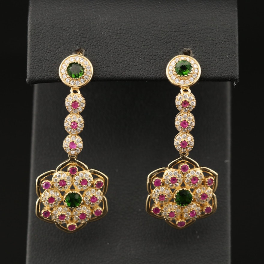 Sterling Ruby, Cubic Zirconia and Chrome Diopside Mandala Style Dangle Earrings