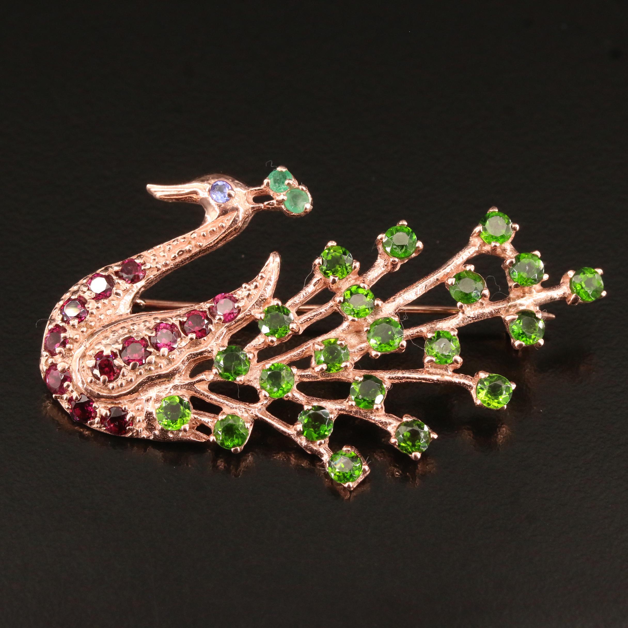 Sterling Silver Peacock Brooch Featuring Diopside, Emerald, Garnet and Tanzanite