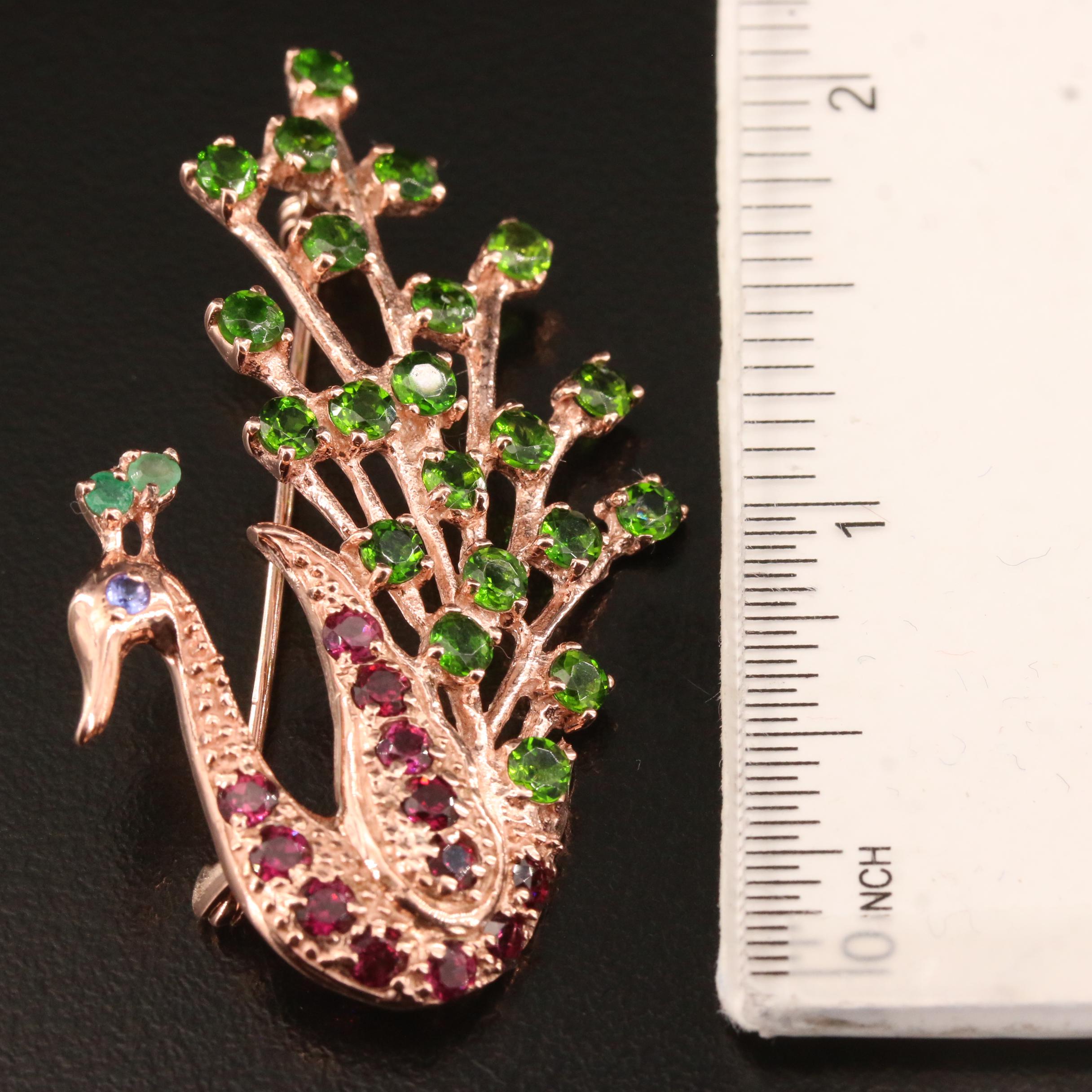 Sterling Silver Peacock Brooch Featuring Diopside, Emerald, Garnet and Tanzanite