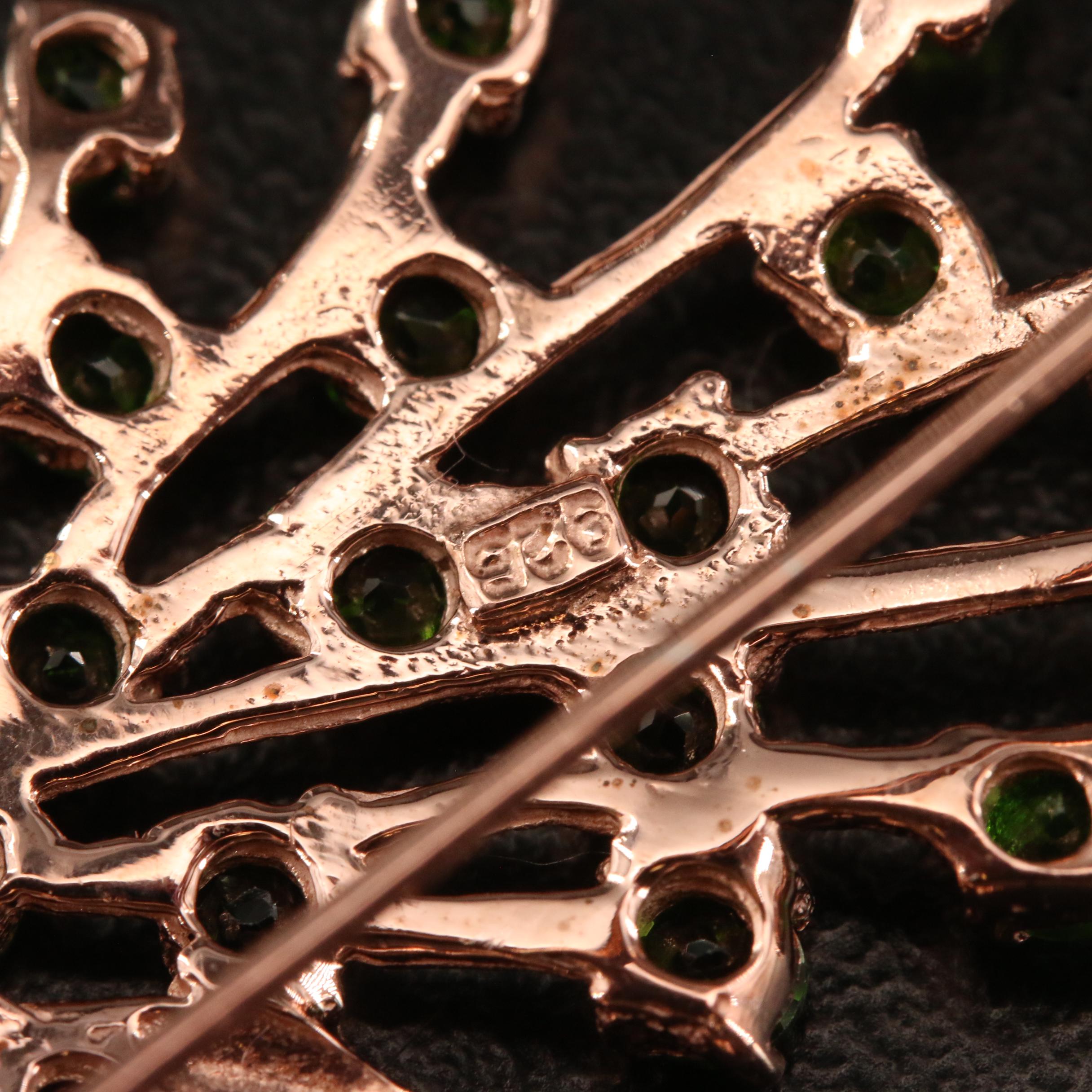 Sterling Silver Peacock Brooch Featuring Diopside, Emerald, Garnet and Tanzanite
