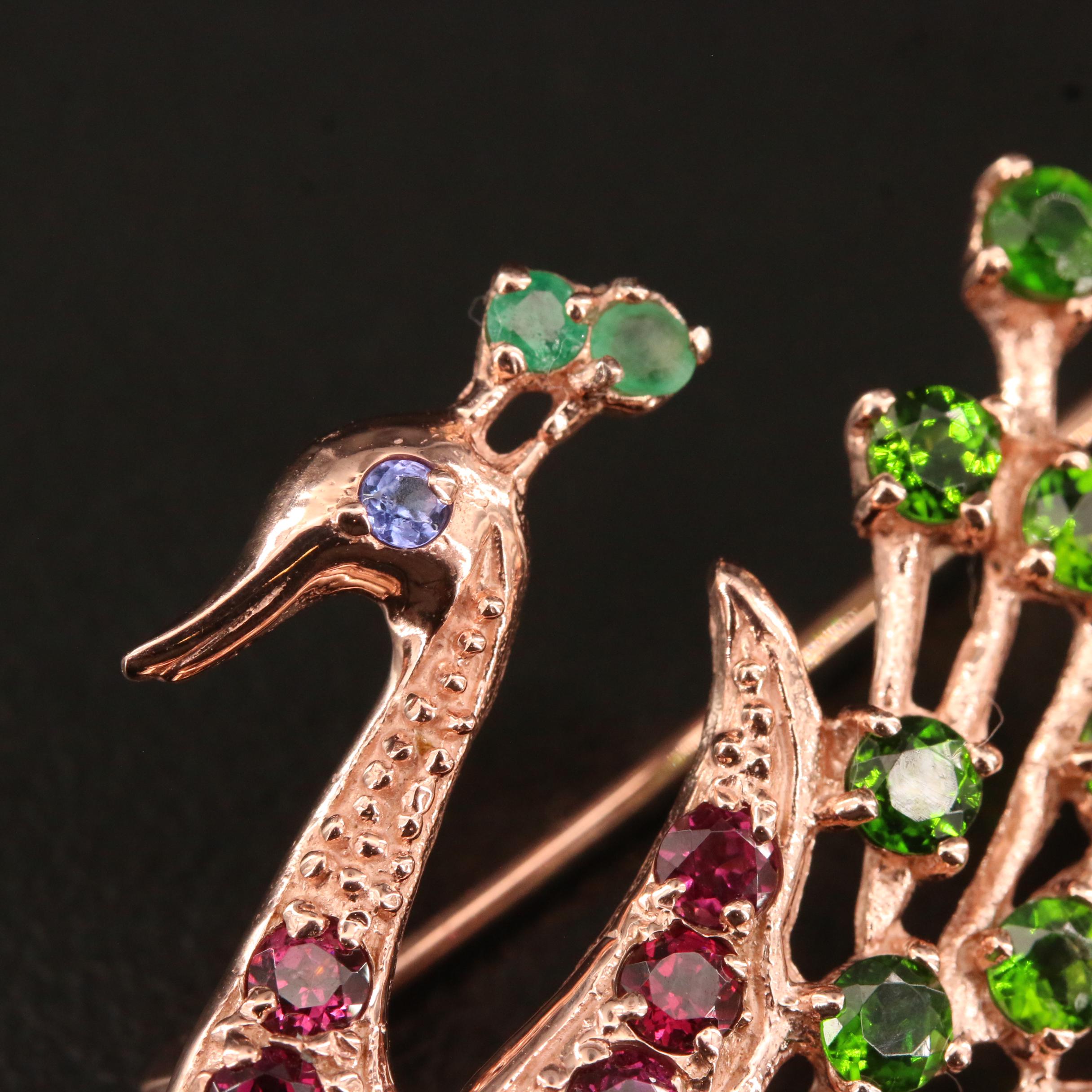 Sterling Silver Peacock Brooch Featuring Diopside, Emerald, Garnet and Tanzanite