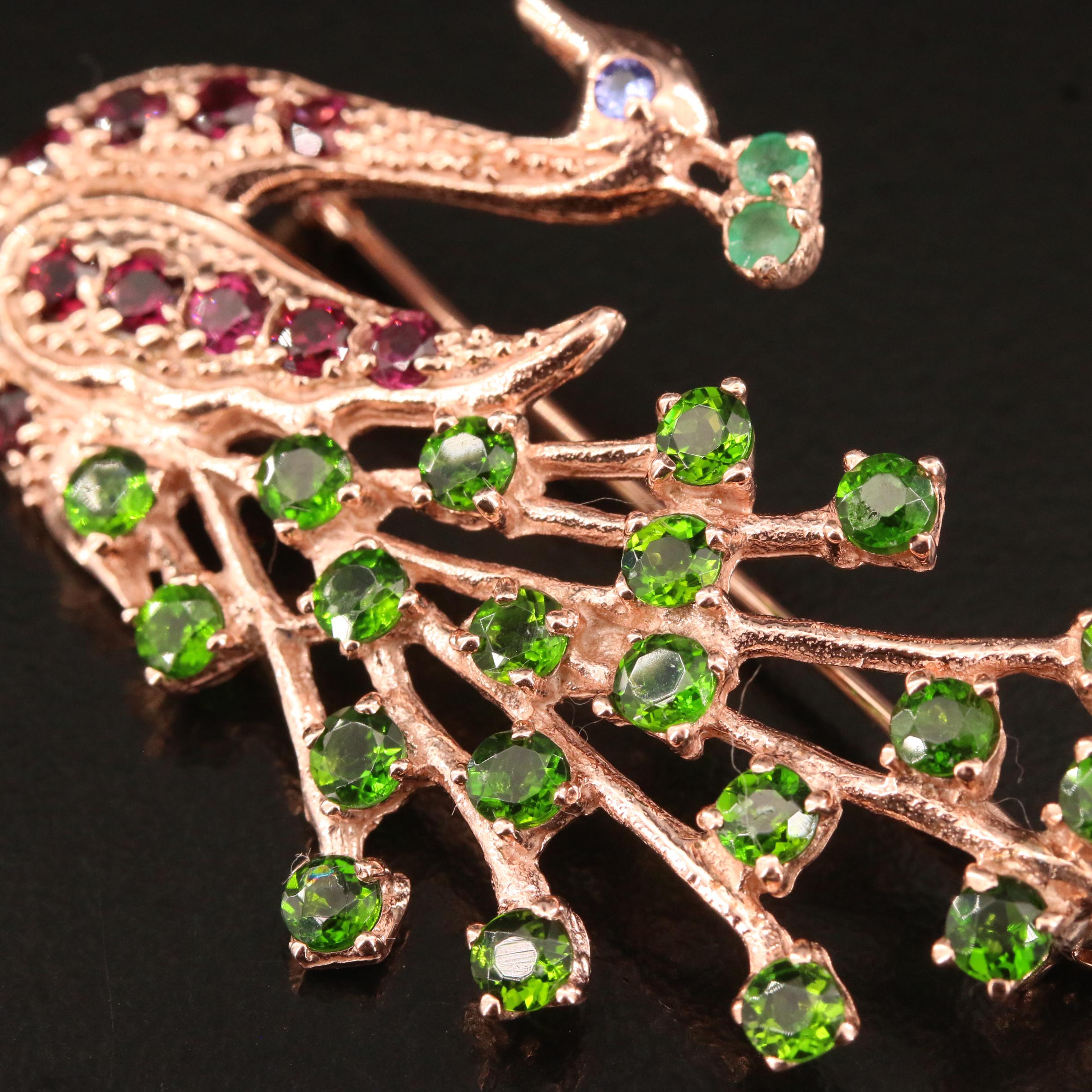 Sterling Silver Peacock Brooch Featuring Diopside, Emerald, Garnet and Tanzanite