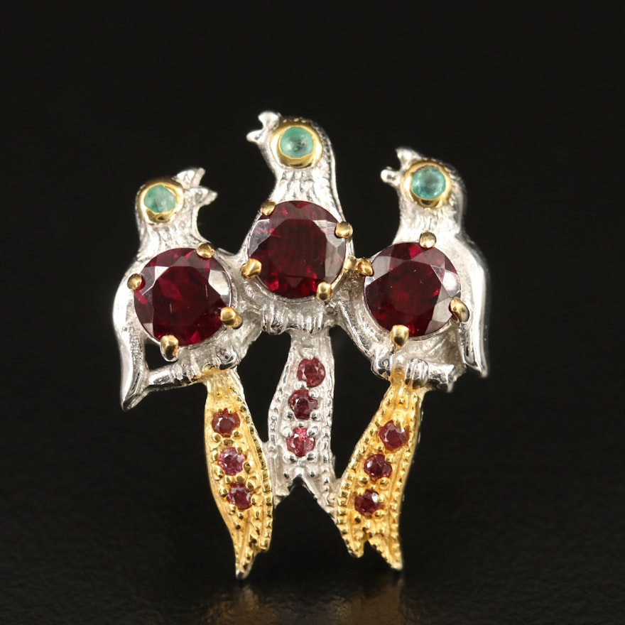 Sterling Rhodolite Garnet and Beryl Bird Line Brooch